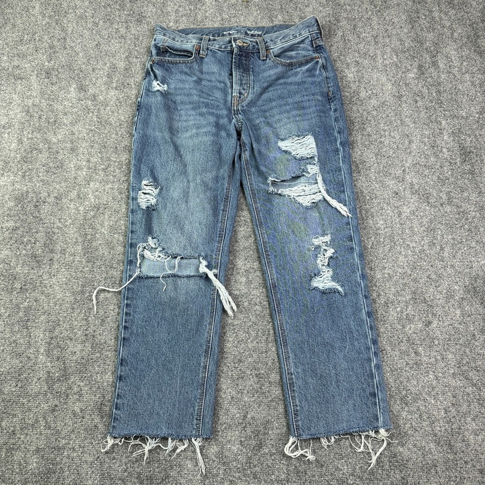 Old Navy Womens Slouchy Straight Jeans 4 Button Fly High Rise Distressed Raw Hem